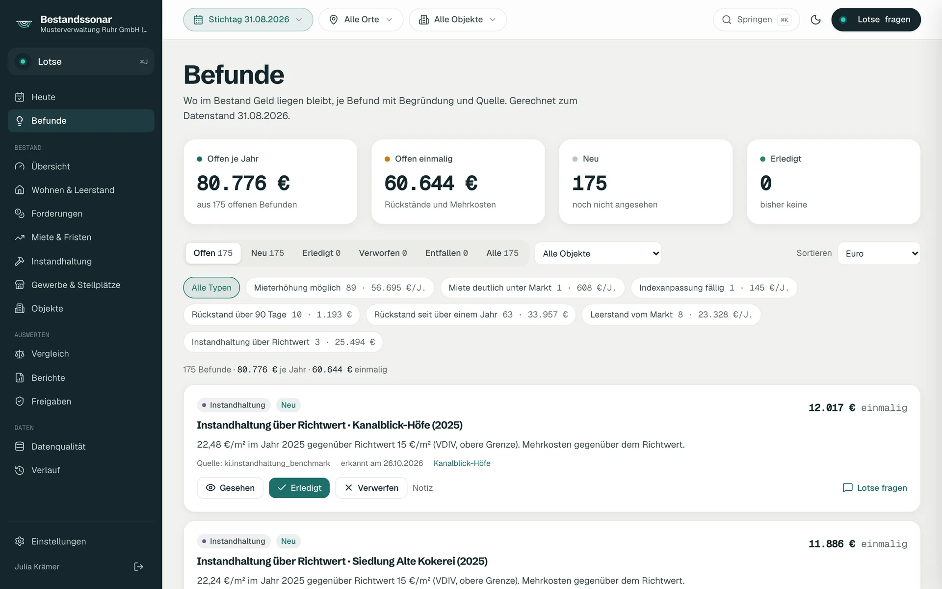 Befunde mit Euro-Wirkung, Typen und Quelle
